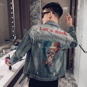 Rock & Roll Skull Mens Denim Jean Jacket Medium